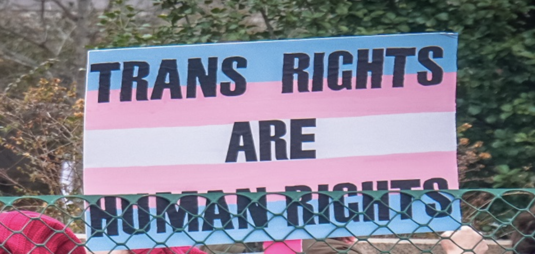 Bild mit einem Plakat auf dem steht "Trans Rights Are Human Rights"