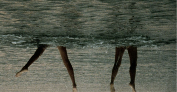 Fotografie zweier Beinpaare, die aus dem Wasser ragen (Bild auf den Kopf gestellt)